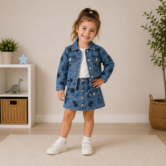 Completo Bambina Manila Grace – Giacca e Gonna in Denim Ricamati