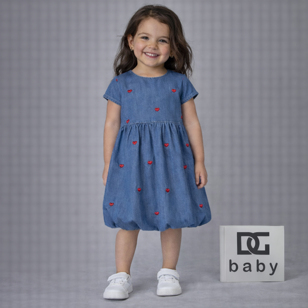 Vestito bambina denim con cuori ricamati – TOBETOO
