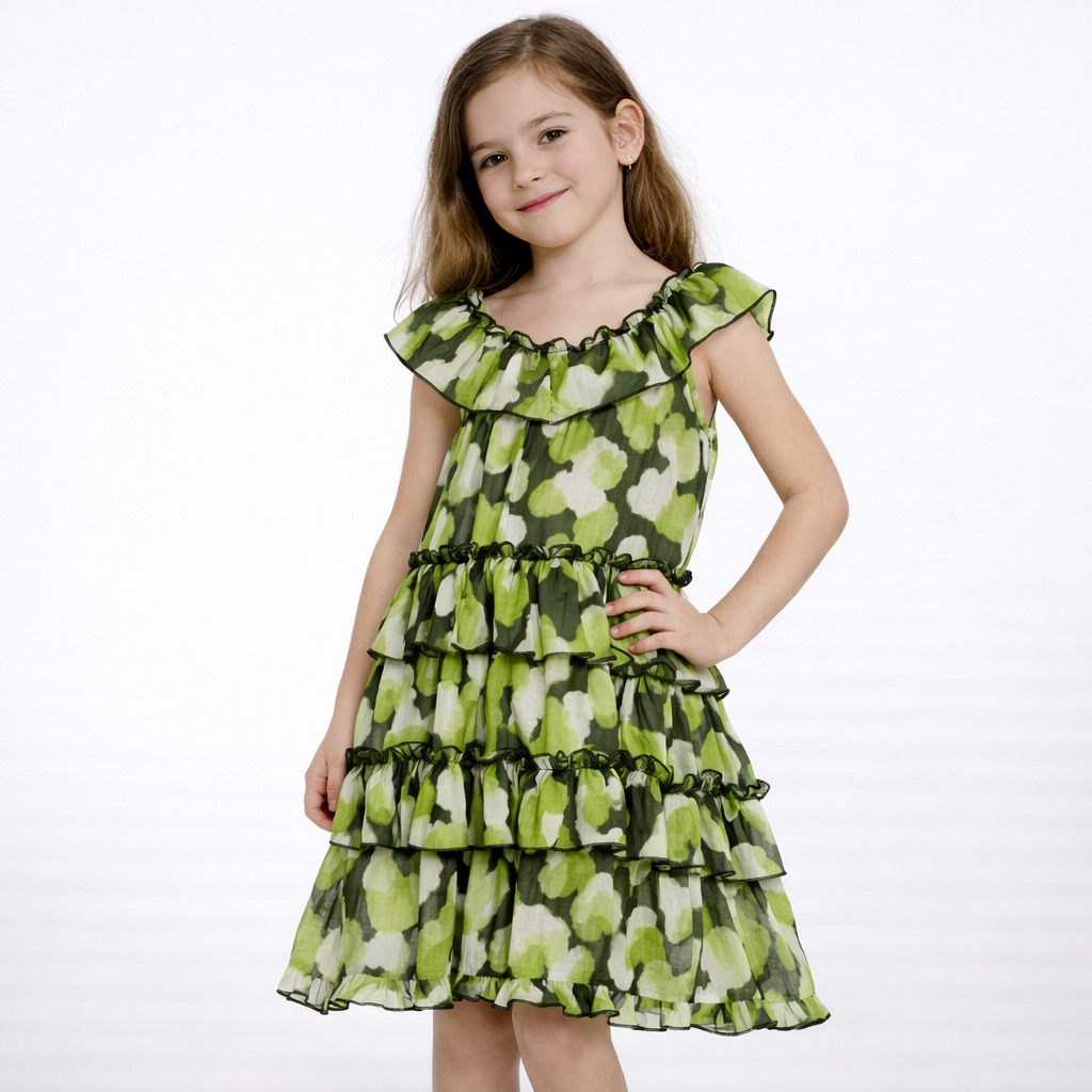 Vestito bimba Y-Clù 119AYFJS25 fantasia verde con balze