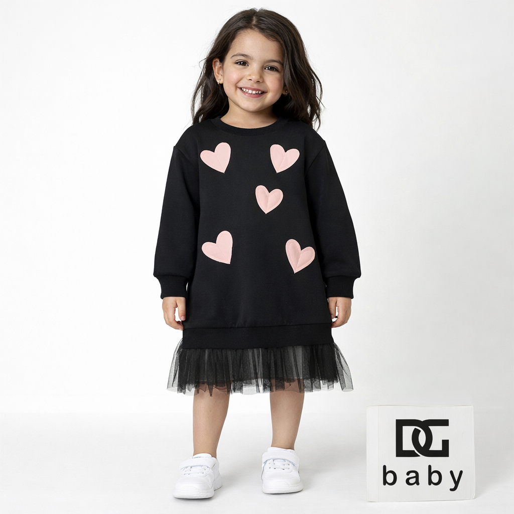 Vestito felpa bambina in cotone nero con cuori e tulle – TOBETOO