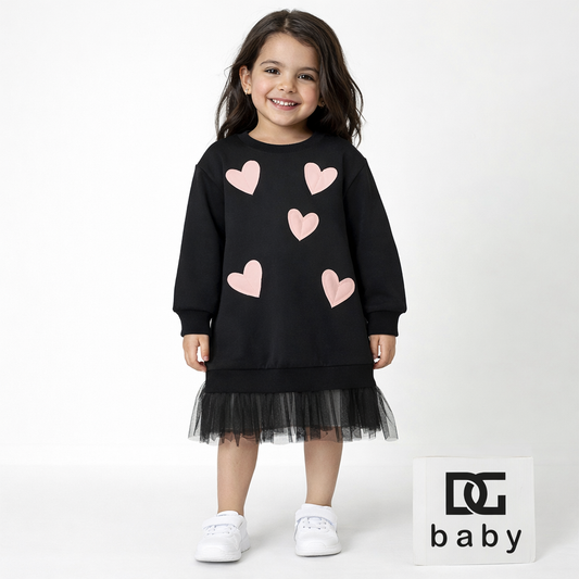 Vestito felpa bambina in cotone nero con cuori e tulle – TOBETOO