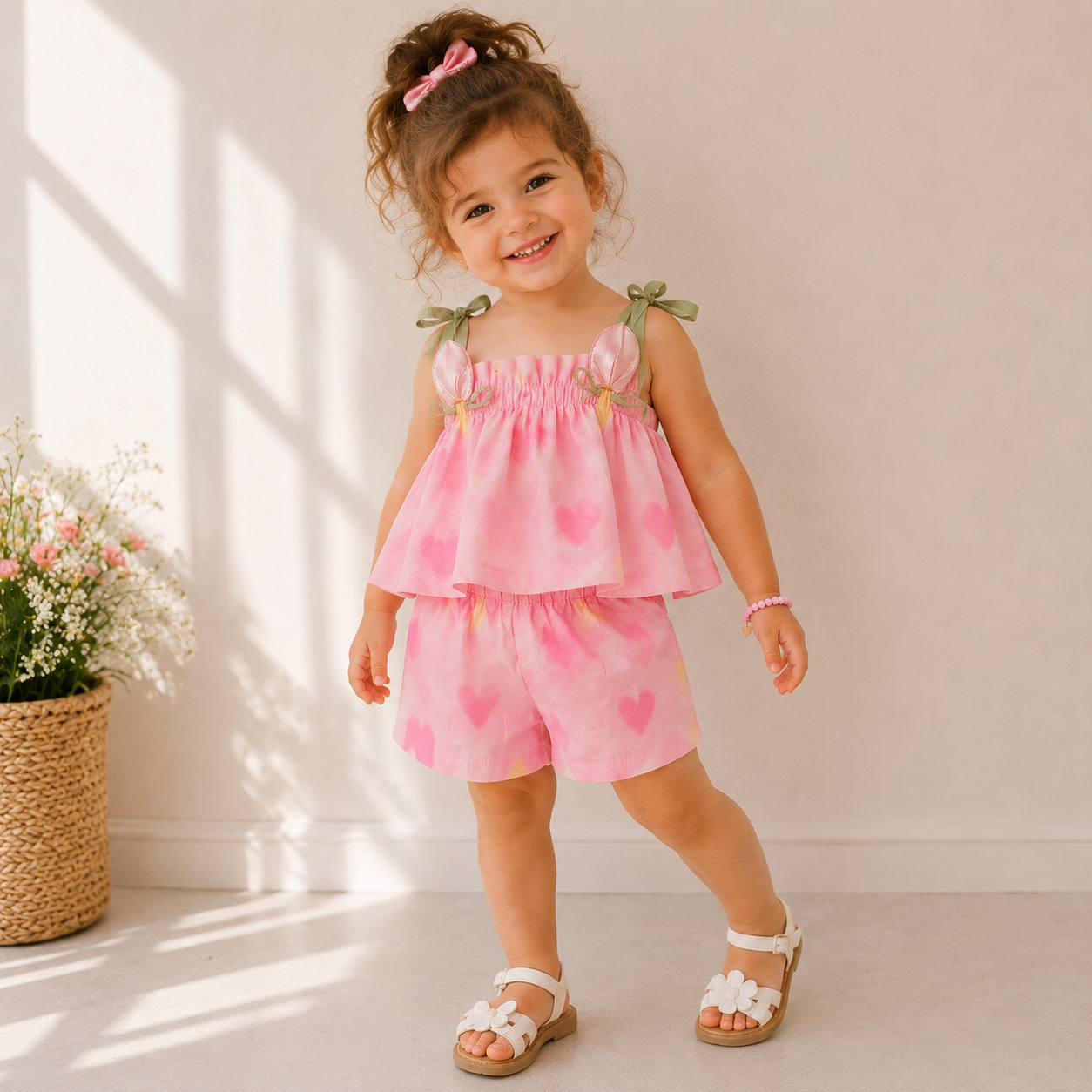 Completo Bambina Cuoricini con Top a Spalline e Shorts