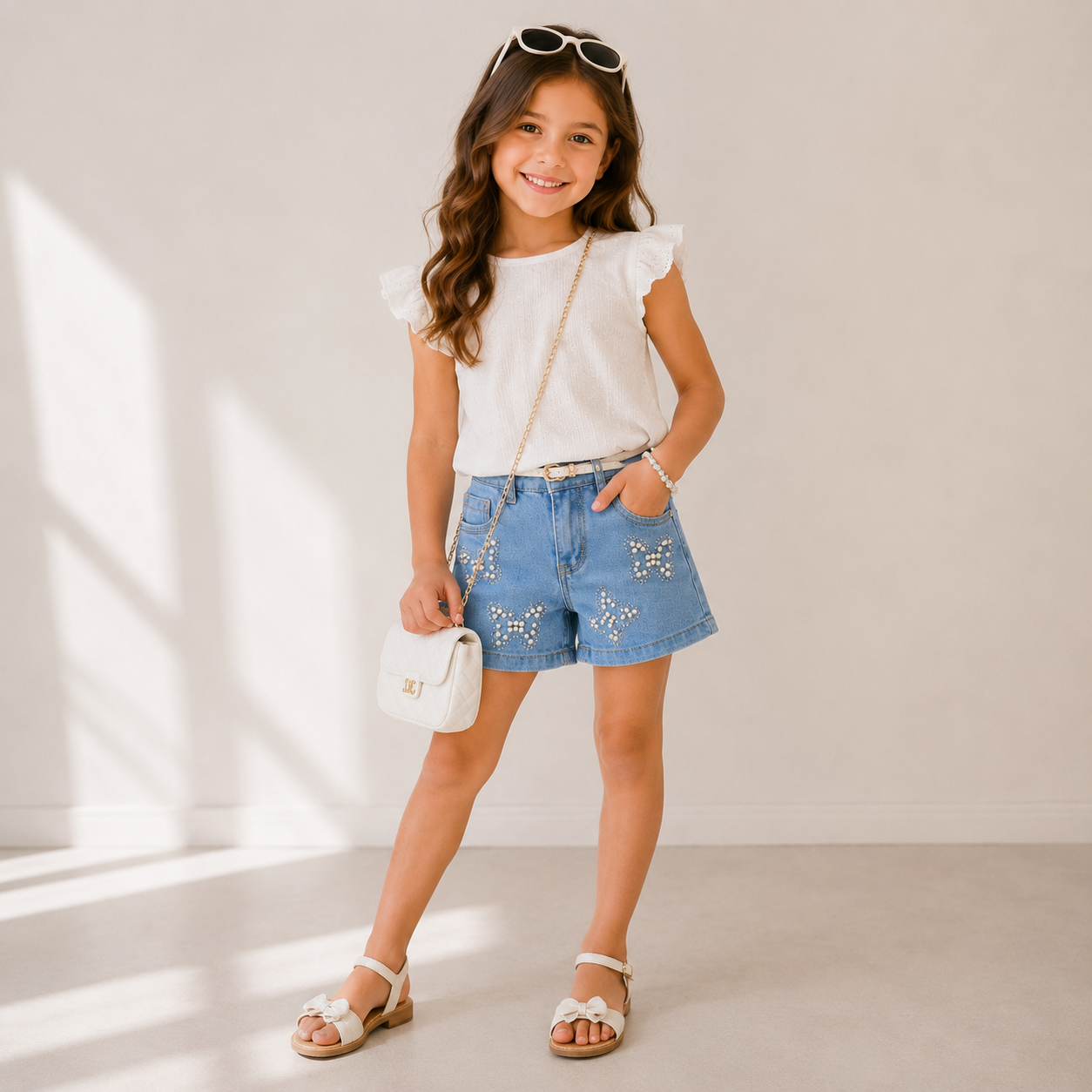 Shorts Jeans Bambina Sweet Junior con Farfalle di Perle