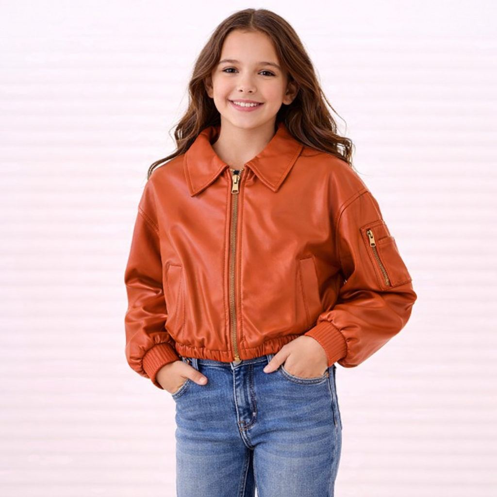 Giubbino bambina Y-CLÙ “Eco Orange” in ecopelle con zip