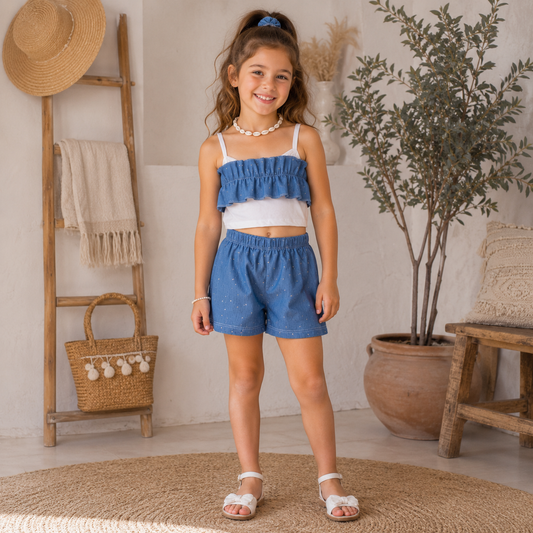 Completo Bambina Top con Volant e Shorts Denim