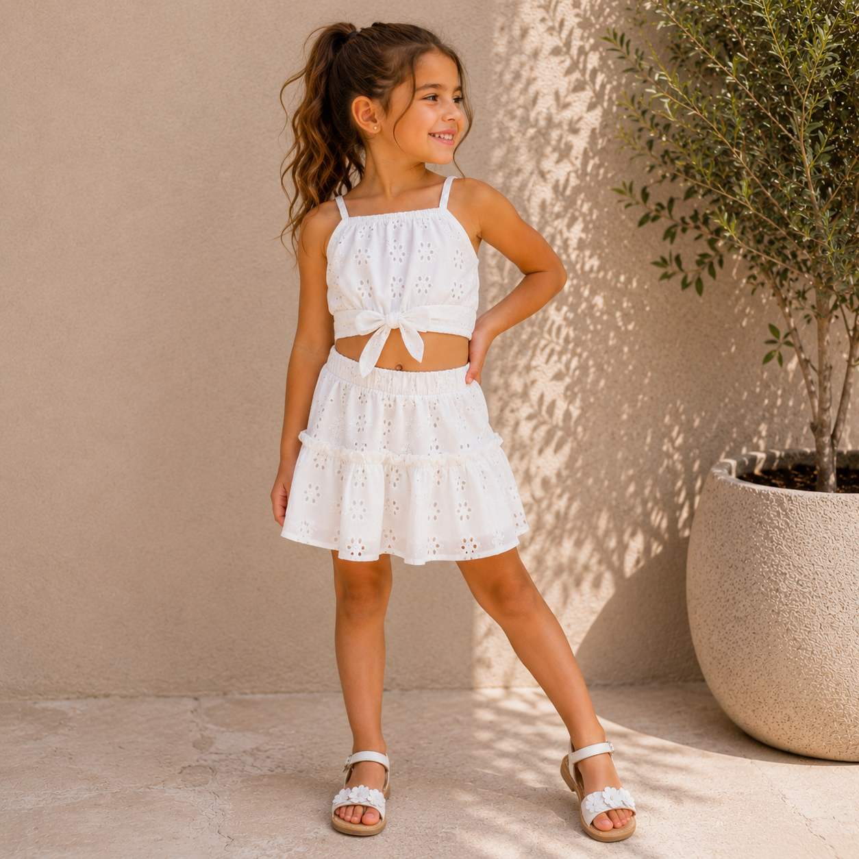 Completo Bambina Bianca Perla con Top e Gonna Sangallo