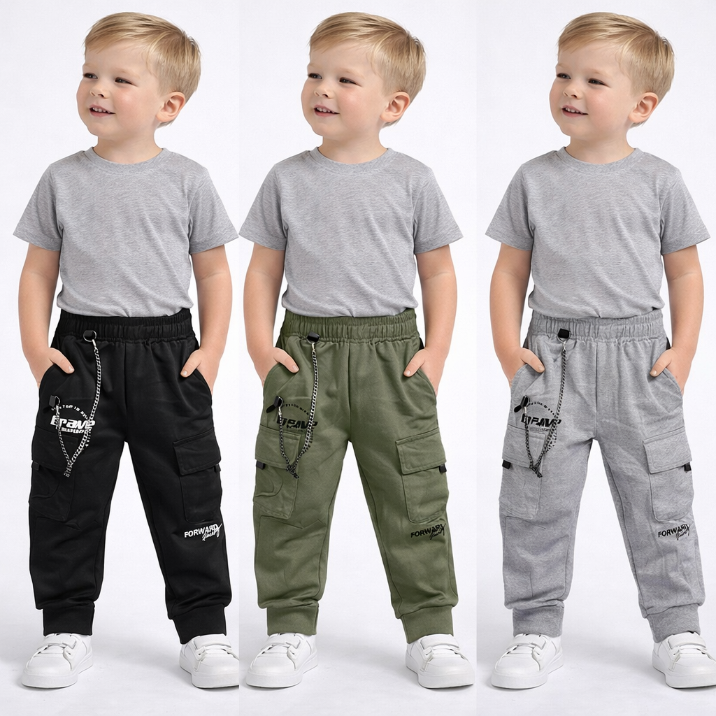 Pantalone bambino cargo sportivo con tasche e catena