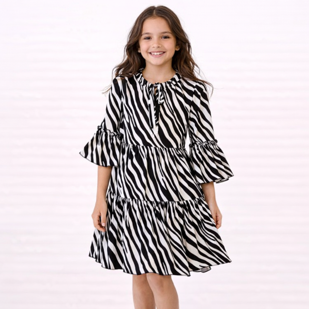 Abito bambina Manila Grace fantasia zebrata con balze e maniche ampie