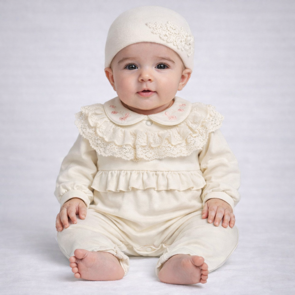 Tutina neonata in cotone con pizzo 🤍