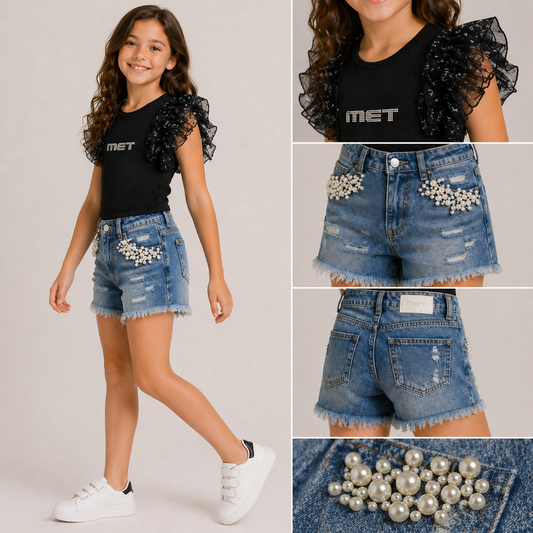 Shorts jeans bambina con perle decorative ME364