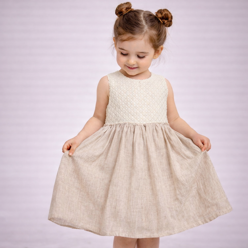 Vestito bambina “Lovely Natural” in pizzo e lino con balze TOB371
