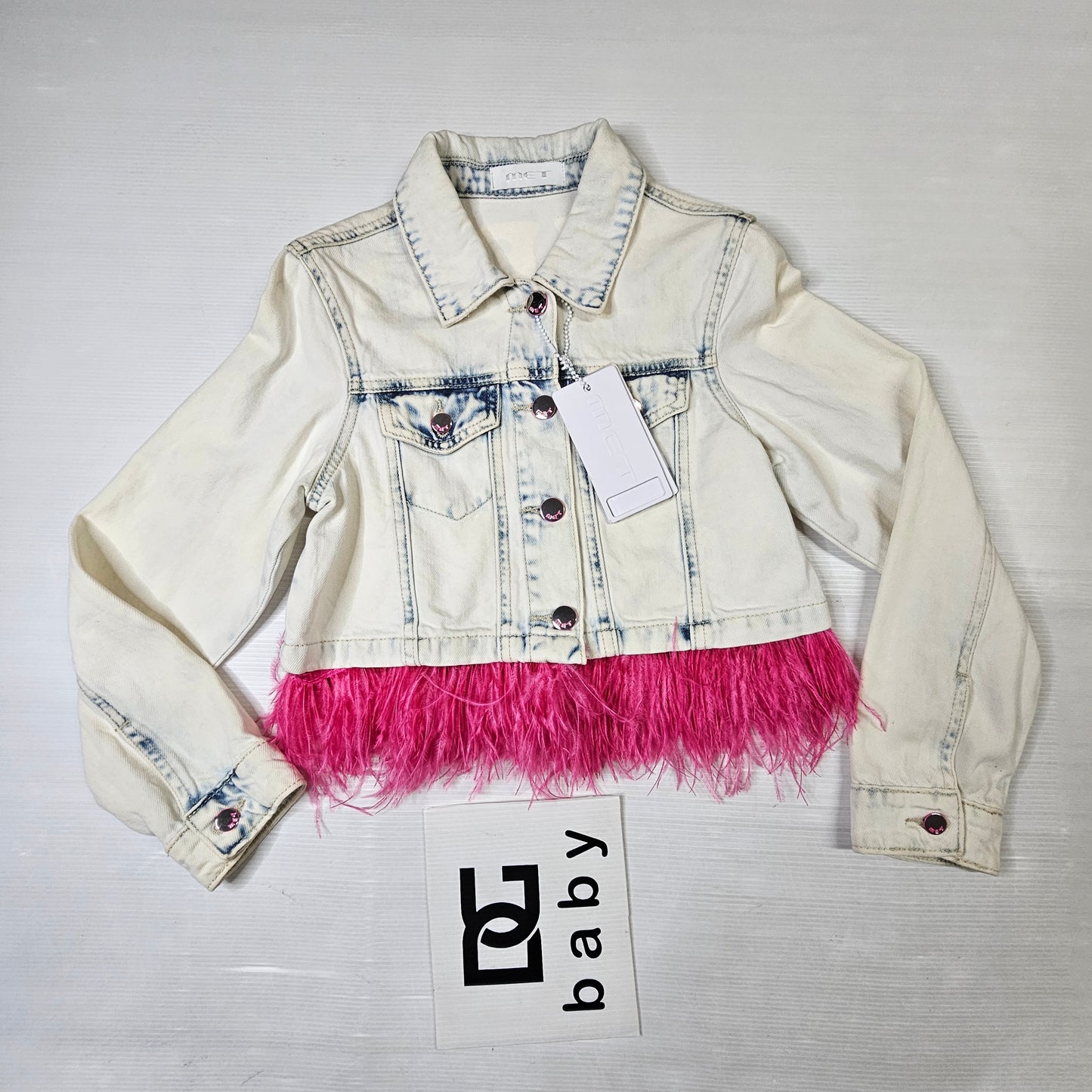 Giubbino jeans bambina con piume rosa – MET