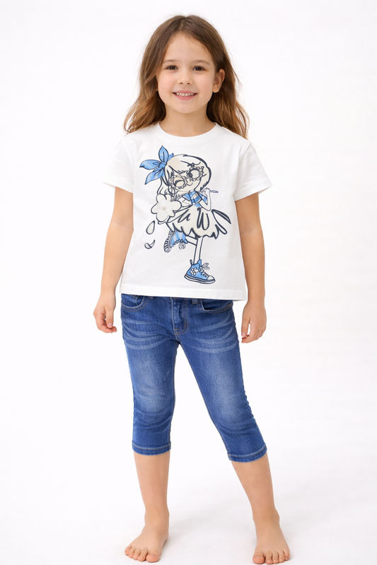 Completo bambina “Little Girl Denim” t-shirt + leggings capri effetto jeans