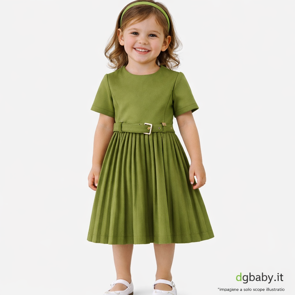 Abito bambina Manila Grace verde con gonna plissettata e cintura