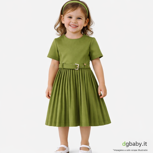 Abito bambina Manila Grace verde con gonna plissettata e cintura