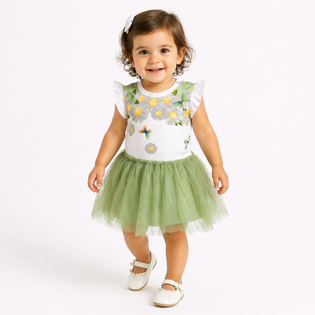 Vestitino neonato con margherite e gonna in tulle
