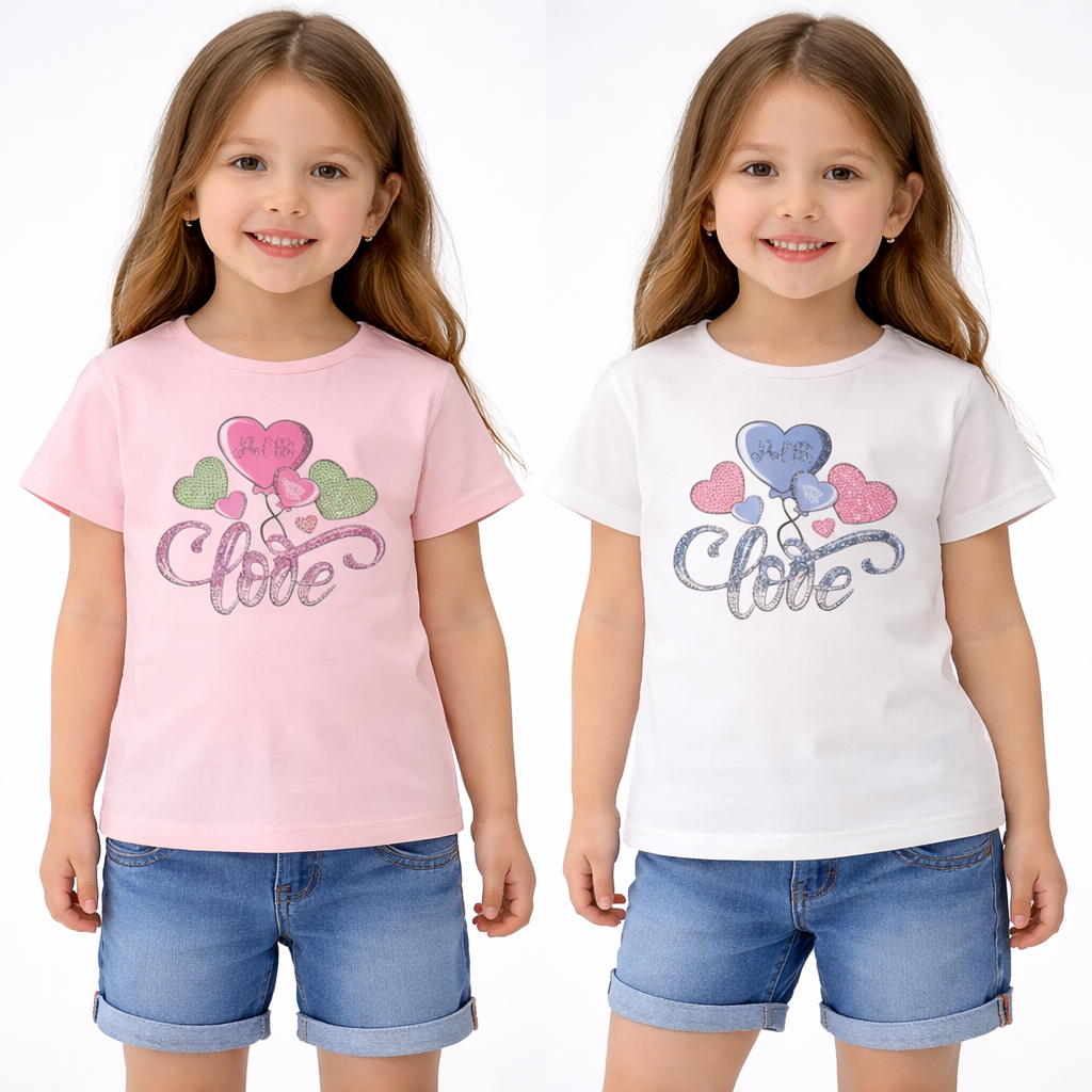 T-shirt bambina “Love Cuori” cotone con stampa glitter