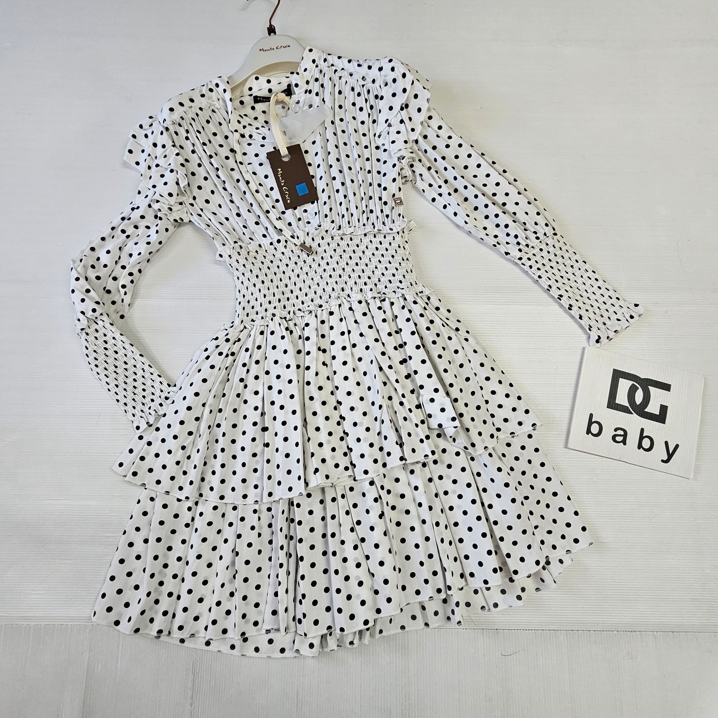 Abito bambina Manila Grace a pois con balze e maniche lunghe