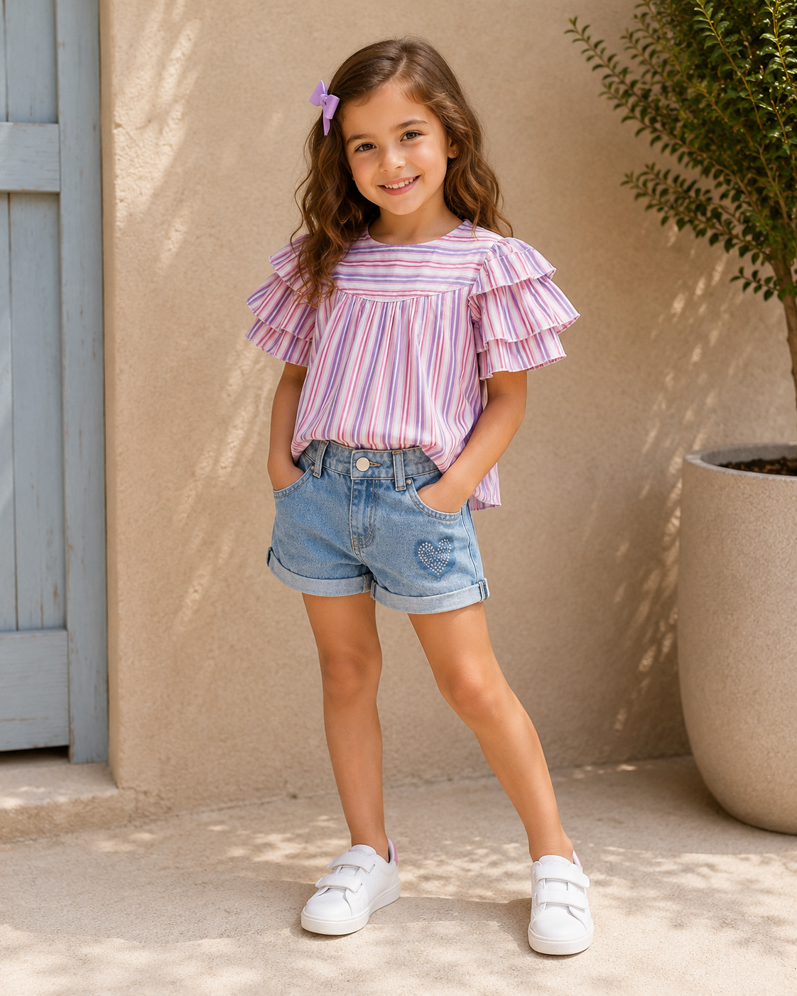 Completo Bambina Y-Clù – Blusa a Righe con Shorts in Denim