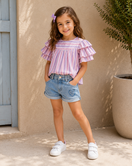 Completo Bambina Y-Clù – Blusa a Righe con Shorts in Denim