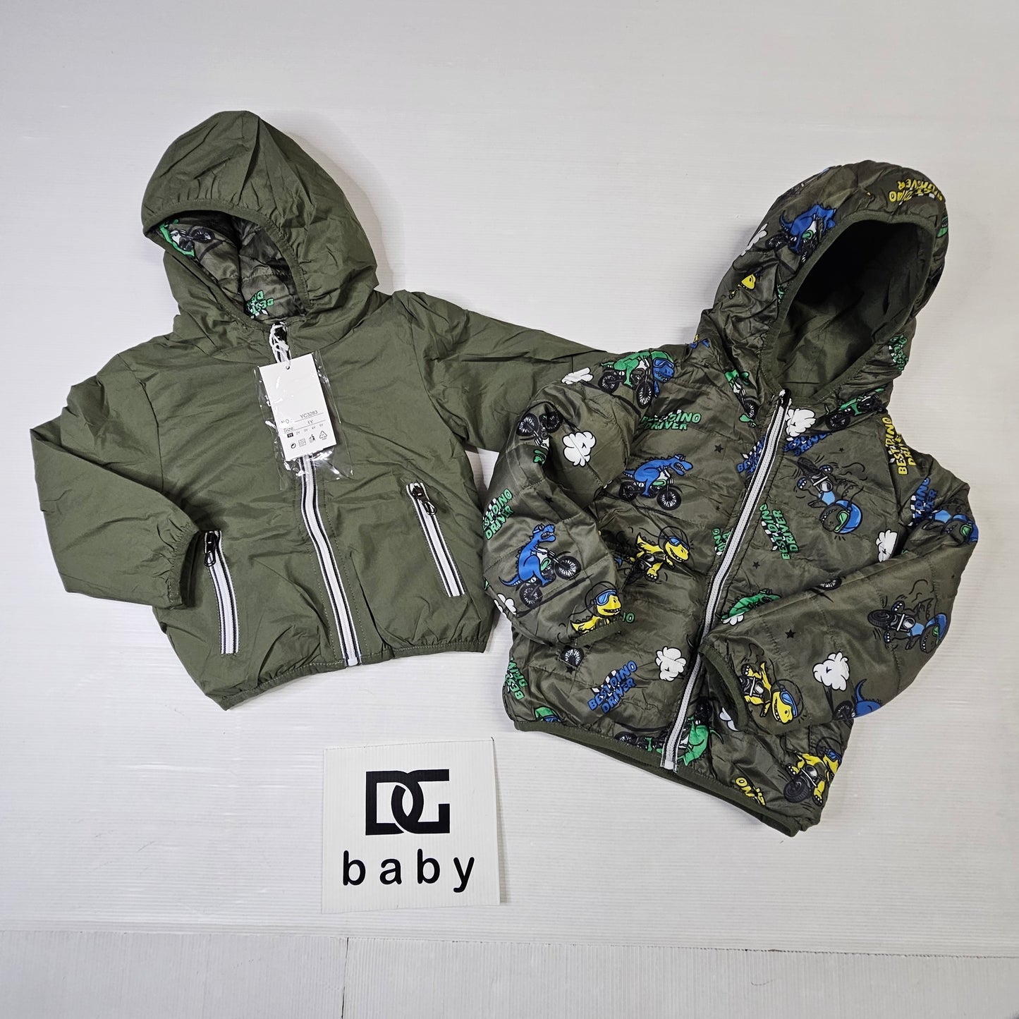 Giubbino bambino reversibile con cappuccio stampa dinosauri