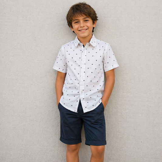 Camicia bambino bianca fantasia micro stampa manica corta