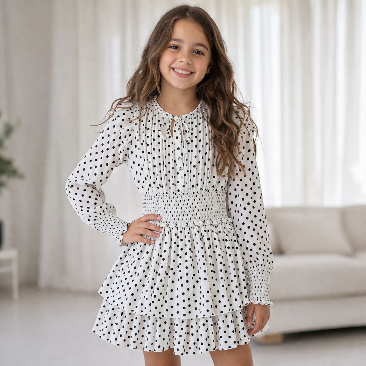 Abito bambina Manila Grace a pois con balze e maniche lunghe