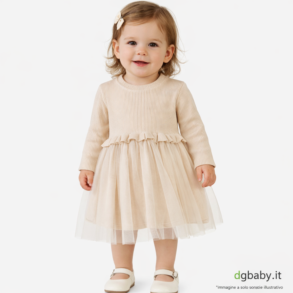Abito neonata Y-CLÙ “Crema Tulle” con gonna in velo
